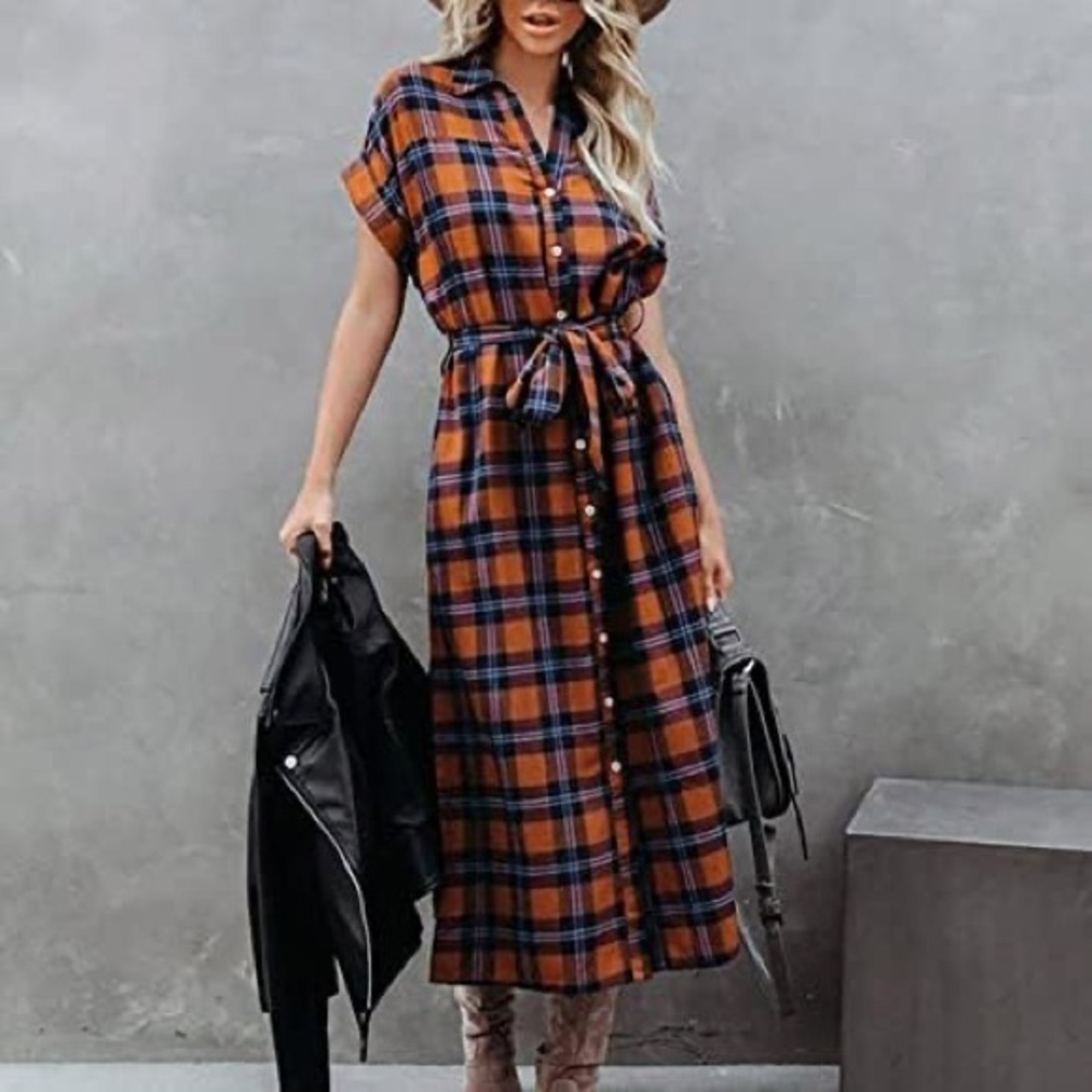 VICI Collection: Brown and Blue Plaid Midi Dress